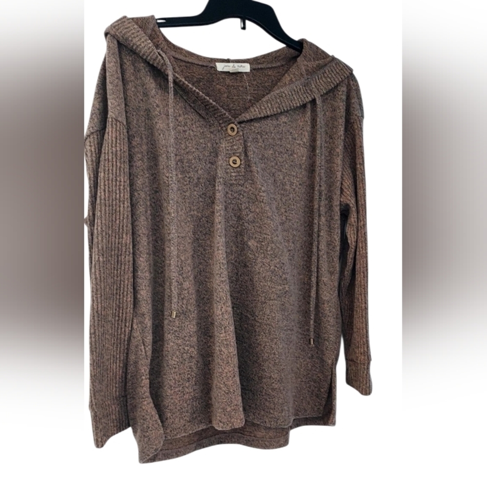 Joie De Vivre  V-Neck Brown Hoodie Sweater with Buttons